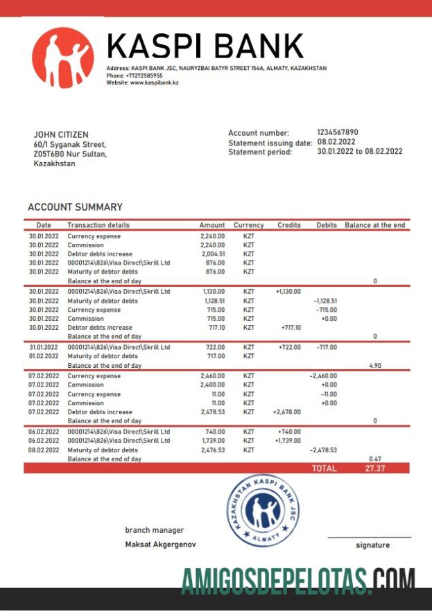 Kazakhstan Kaspi extrato bancário amostra